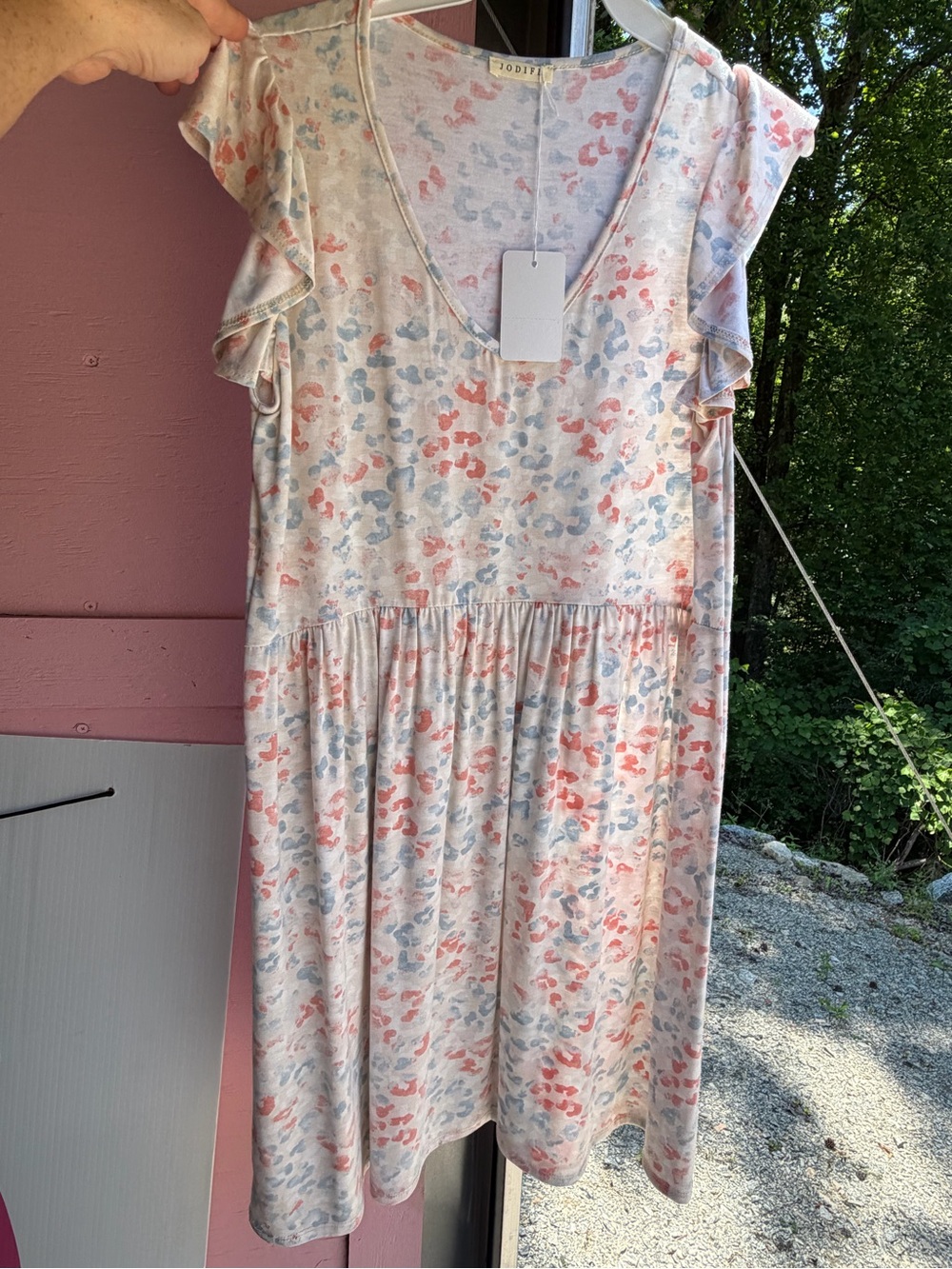 JODIFL Cream V-Neck Ruffle Sleeve Dress with Coral & Sky Blue Accents💙NWT medium